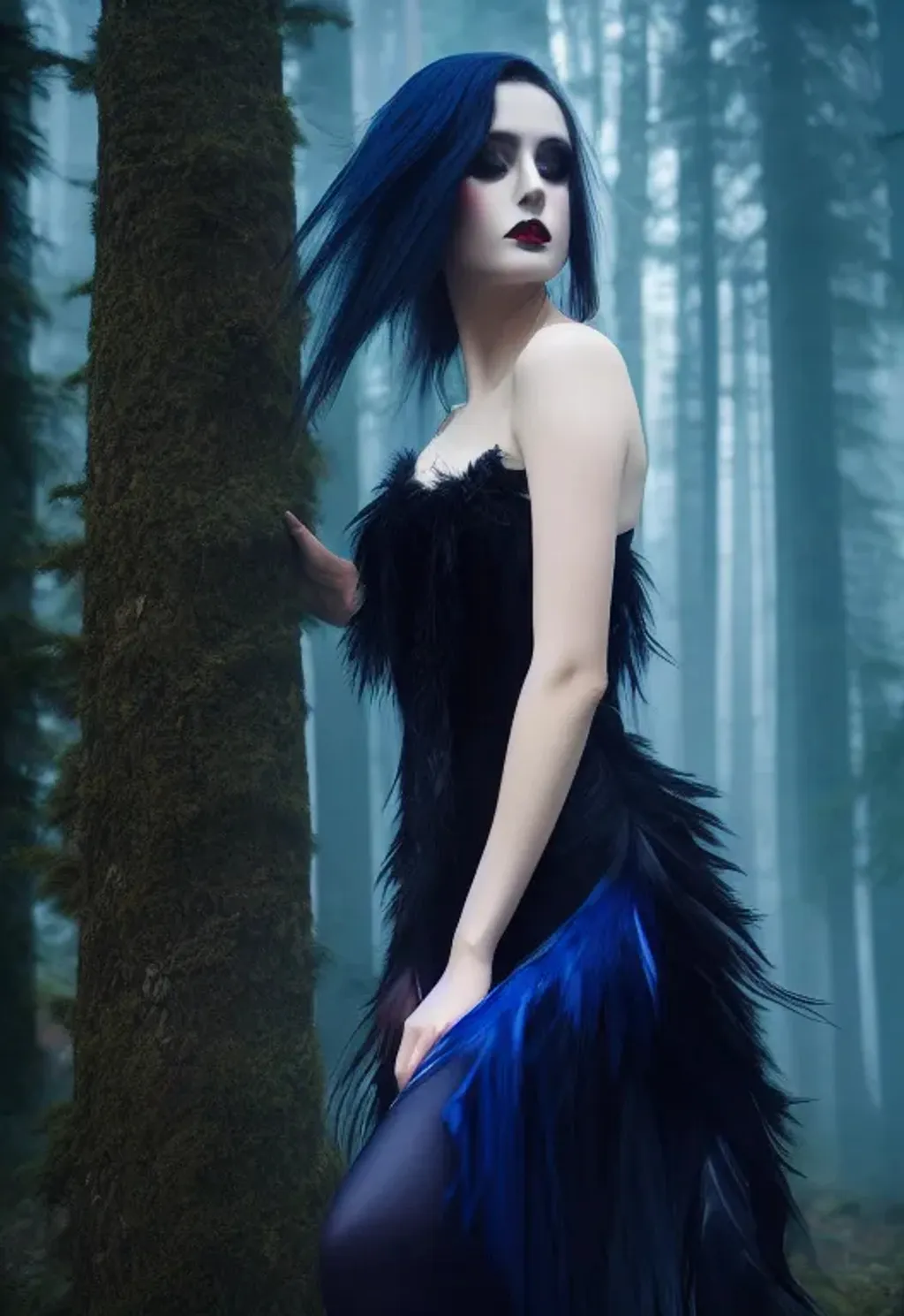 Prompt: Vampire succubus under large conifer black ang indigo Raven feathers dress dying dark forest  painting by WLOP