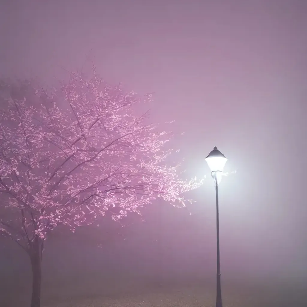 Prompt: low poly cherry blossom tree in the fog at night, with a street lamp, soft colors, liminal space