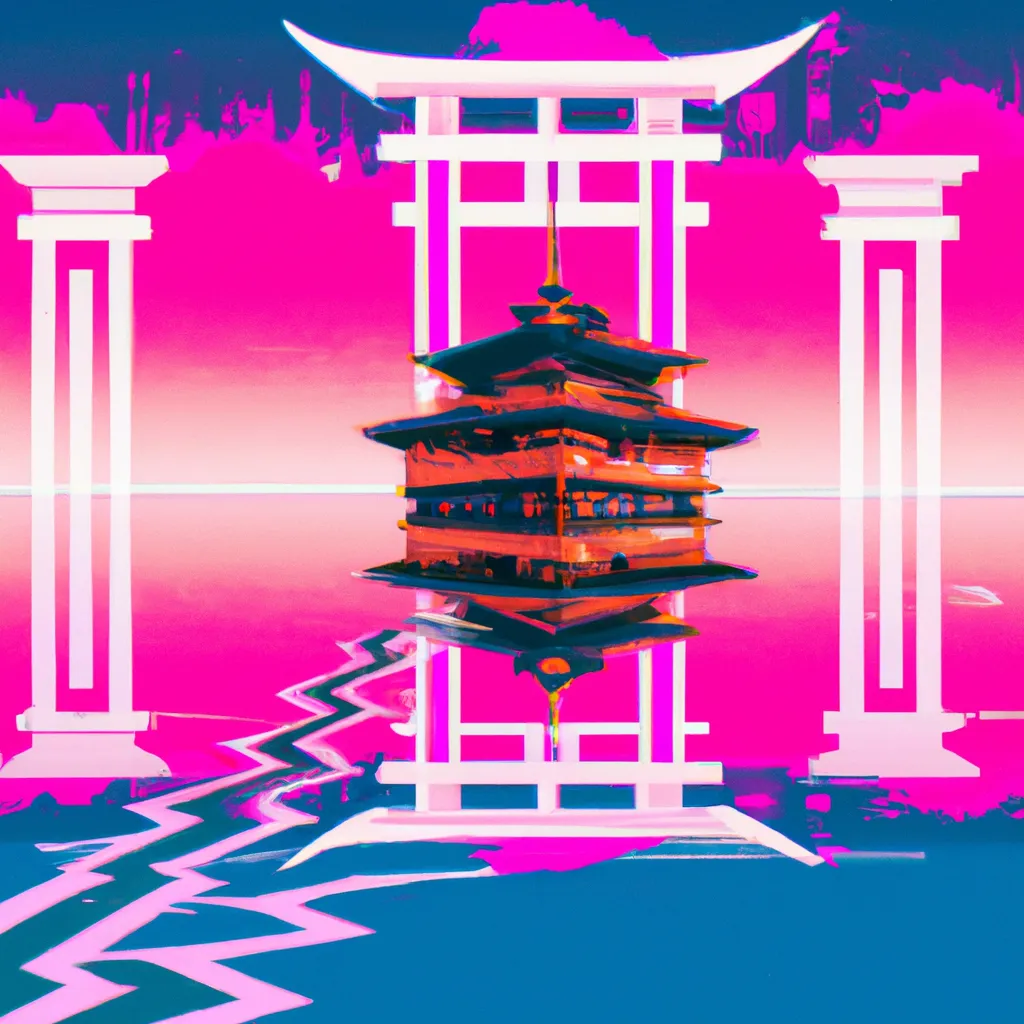 Prompt: Japanese house on mirror floor, outrun, retrowave, synthwave, vaporwave, digital art