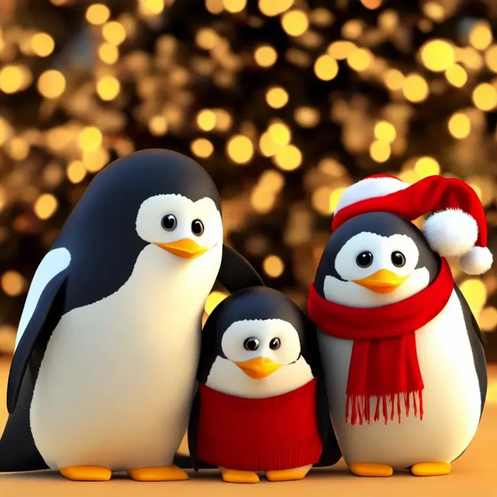 Prompt: Detailed beautiful cute adorable penguin family, big luminous innocent eyes, Pixar render, Christmas tree bright lights,  Insanely Detailed Intricate Beautiful Cinematic Lighting, 64k, hyper-realistic, professional, bokeh, bright vivid colors