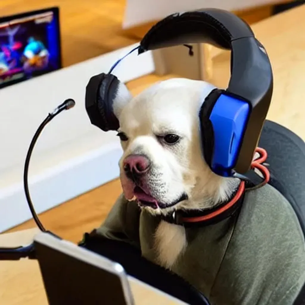 Prompt: A dog plays a computer game while wearing a gaming headset.