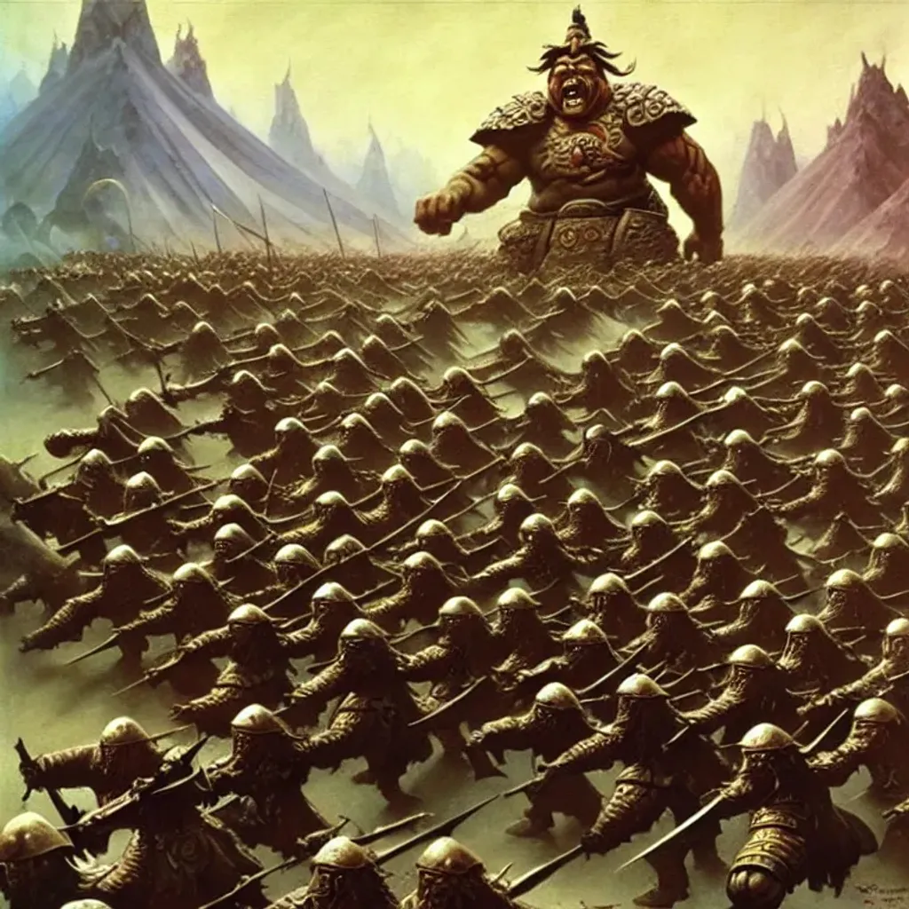 Prompt: Big armed and armored mongol troll soldiers march to war, with huge eldritch monsters behind them, banners, fantasy art by Frank Frazetta, by Marc Simonetti, highly detailed, oil on canvas