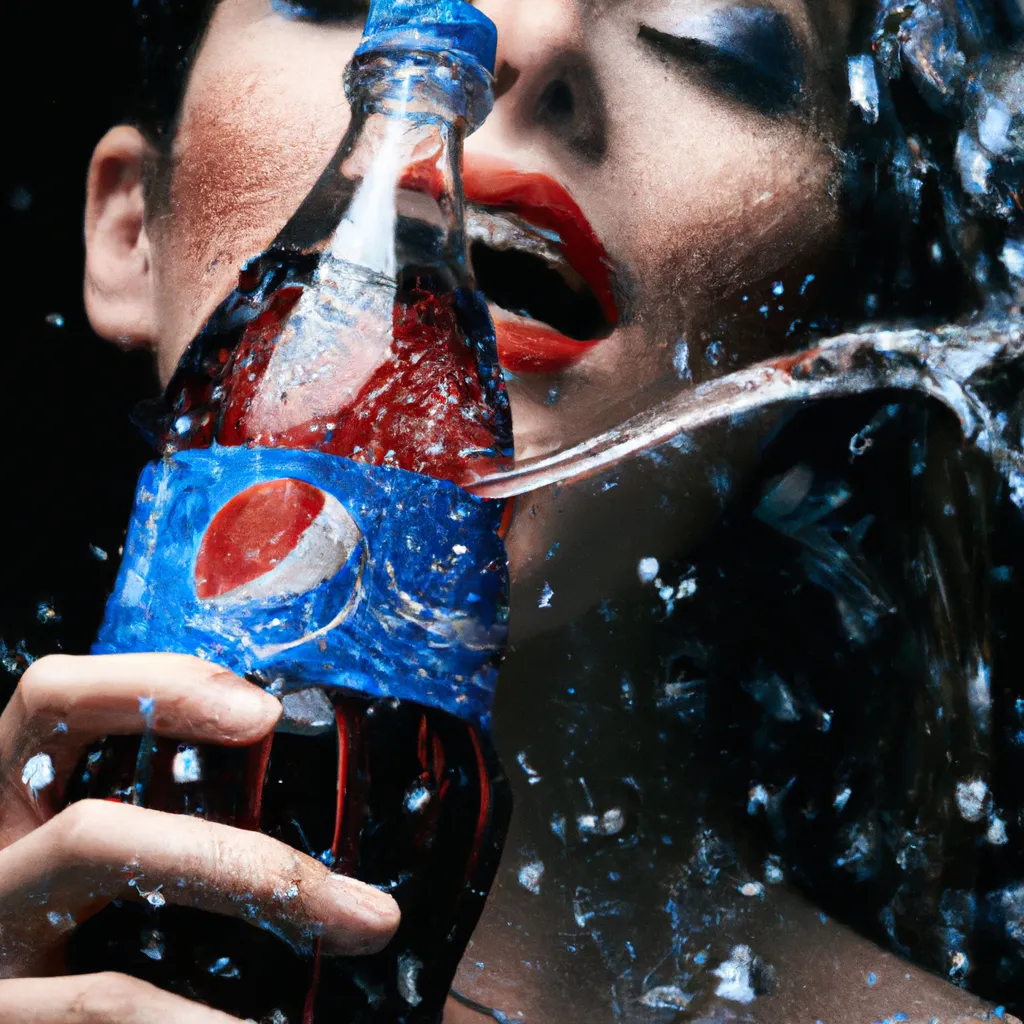 Prompt: An advertisement shooting- Photorealistic hyperrealistic close up high speed render of a  beautiful girl drinks out of a Pepsi bottle. splashing water hugs around the bottle like a beautiful fine body with beautiful smooth curves, dark background, beautiful highly detailed droplets, reflections and refractions, condensation, dark studio backdrop, Beautiful studio lighting, Nikon Z7, ISO 400, Sigma 85mm f4.5 DG DN, aperture f/11, exposure 1/2000, studio lights, centered, high speed camera, studio lighting, crisp sharp focus, isolated background. What part of sharp focus are you not understanding?