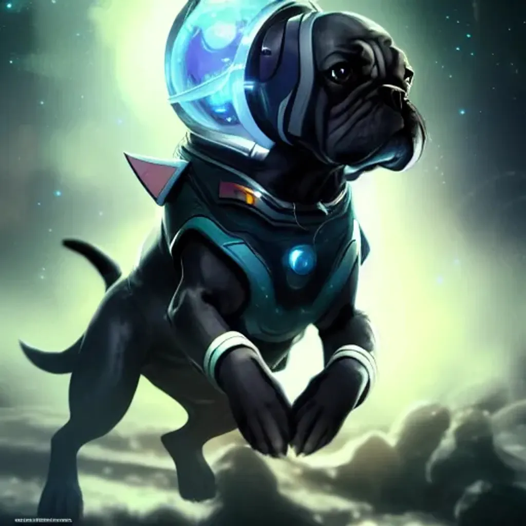 Prompt: dog in space, concept art, by Aleksi Briclot, antipodeans, protogen, league of legends arcane, endgame boss, ability image