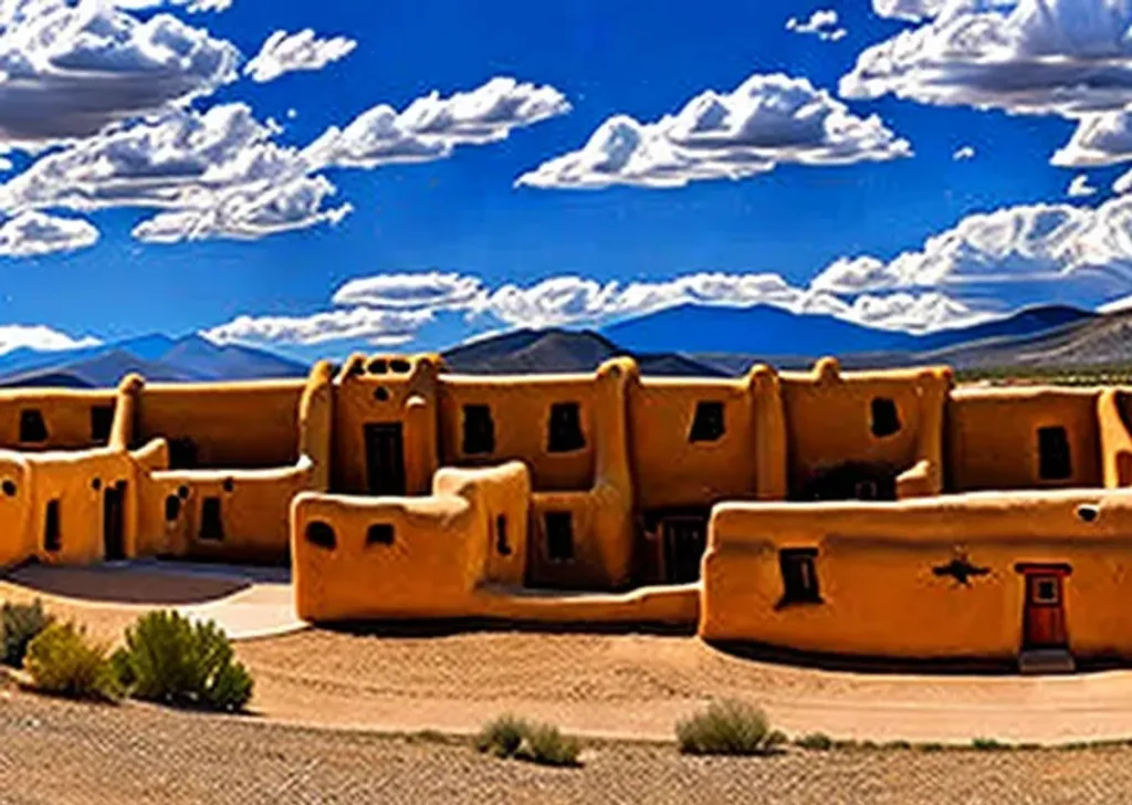 Prompt: long shot scenic professional photograph of {taos Indian Pueblo}, perfect viewpoint, highly detailed, wide-angle lens, hyper realistic, with dramatic sky, polarizing filter, natural lighting, vivid colors, everything in sharp focus, HDR, UHD, 64K