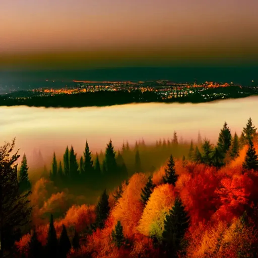 Prompt: autumn covered forested hills with city in the background, at night, soft colors, liminal fog