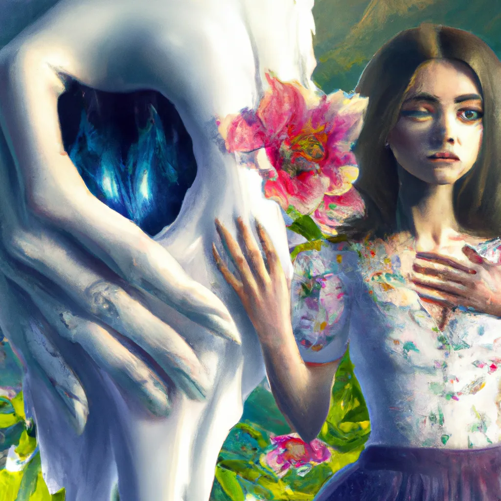 Prompt: Detailed intricate hyper realistic ultra realistic expressive surrealism sharp clear digital airbrush by Anna Dittmann, Tom Bagshaw, Gil Elvgren. Movie still poster of a Shadow Ghost soul crying in an argument with a friend while holding a broken heart in her hand in a spring flowery landscape.