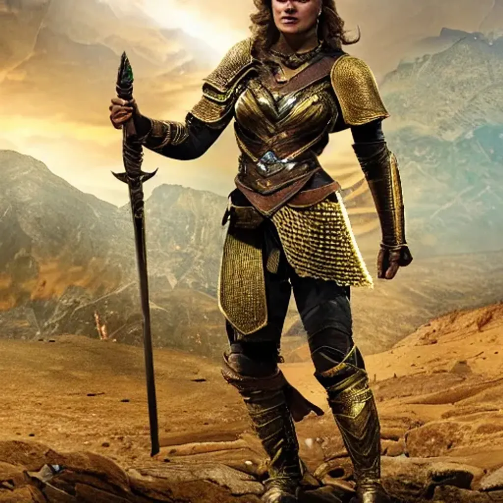 Prompt: Spartan girl with a spear, armor of gold and precious stones with a helmet of gold and emeralds