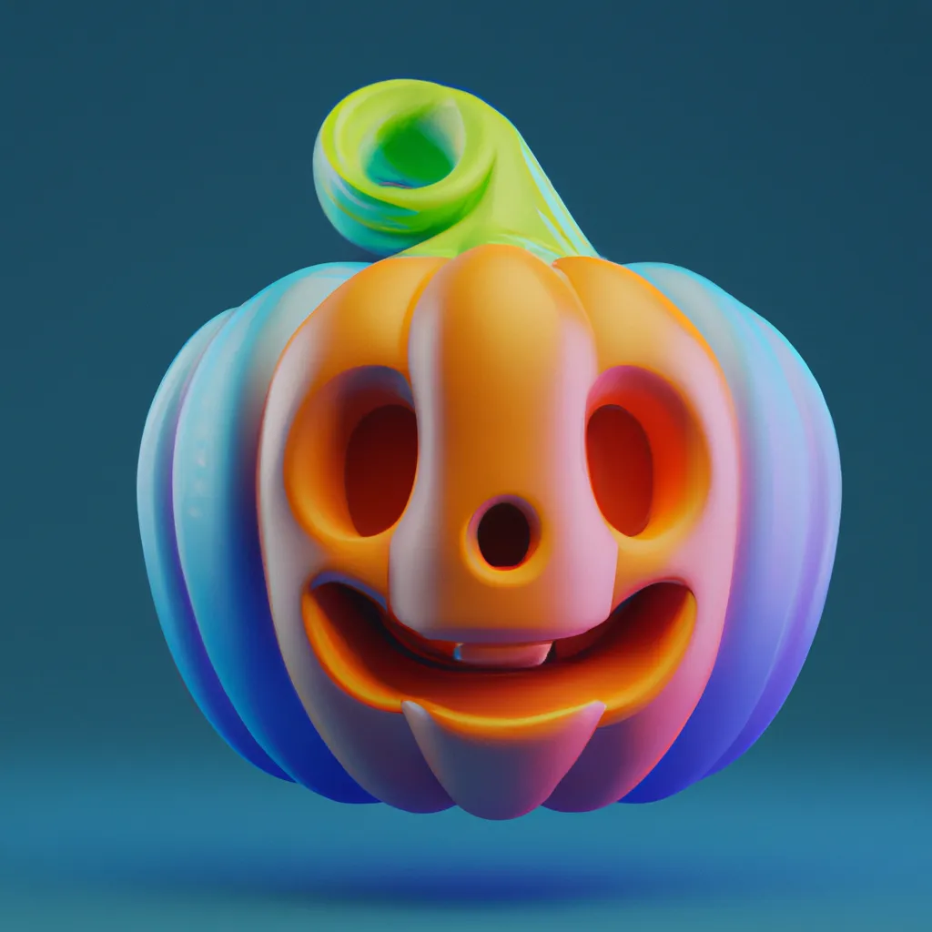 Prompt: cute 3D render of a colorful pumpkin head in a clay style, frontal view, blue spooky forest background, substance 3d painted, blender, smooth texture, high resolution, trending on behance.net, by Carlos Behrens