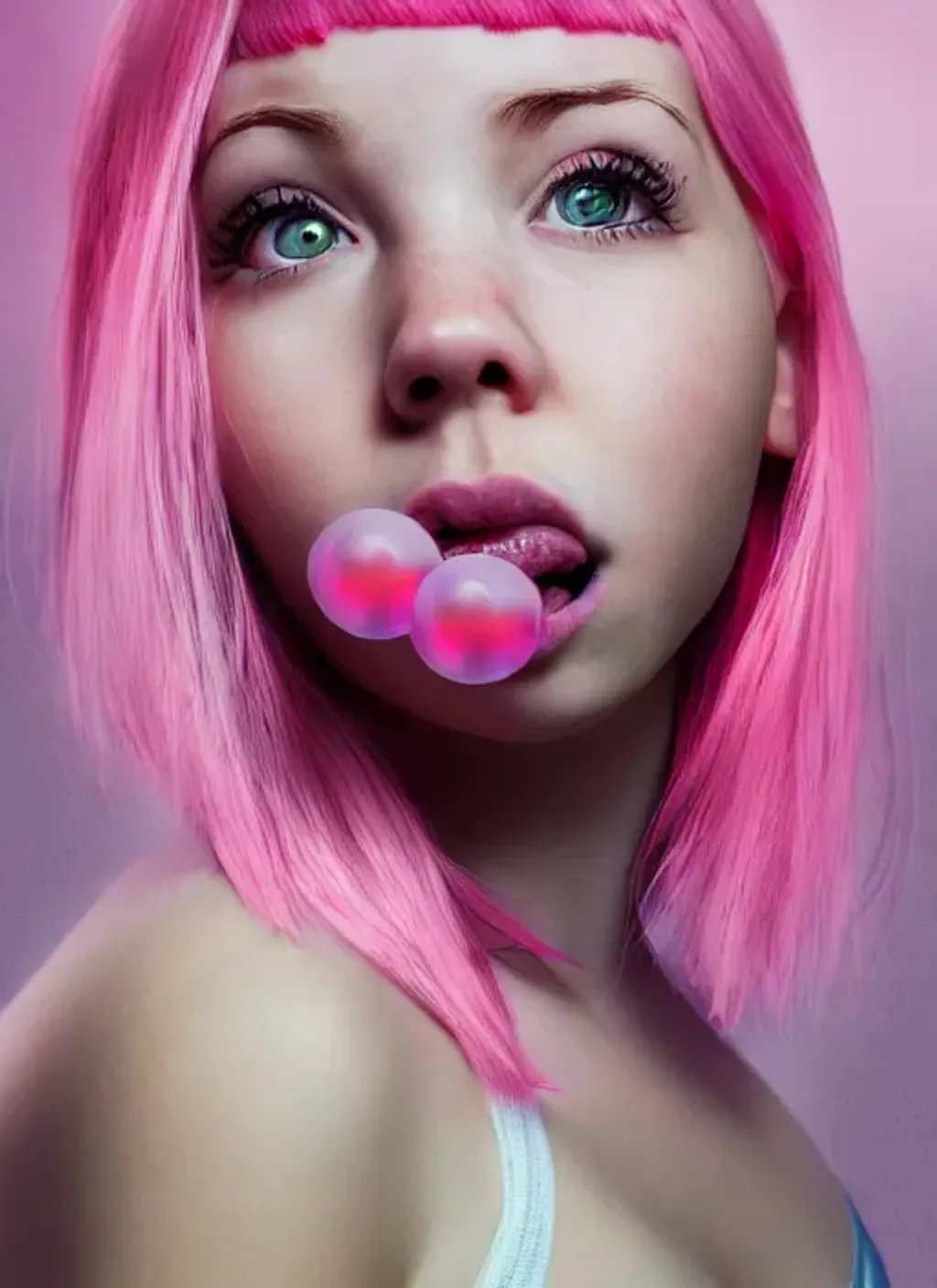 Prompt: Portrait of Girl with bubble gum pink hair and with cute face, hyperrealistic, super detailed, 8k, high quality, trending art, pink background 