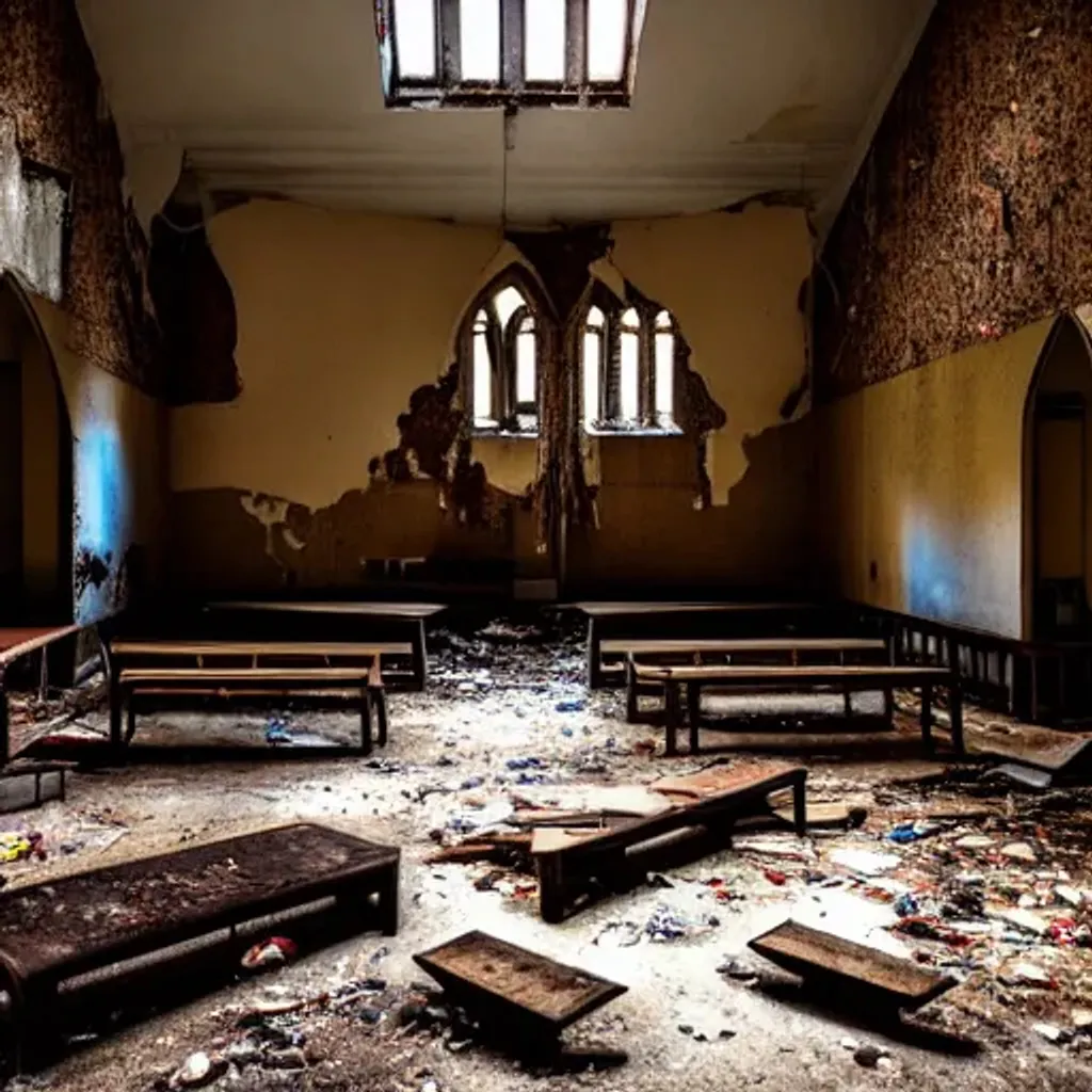 Prompt: inside abandoned church, broken benches, moody light, garbage on floor, broken roof with light coming inside