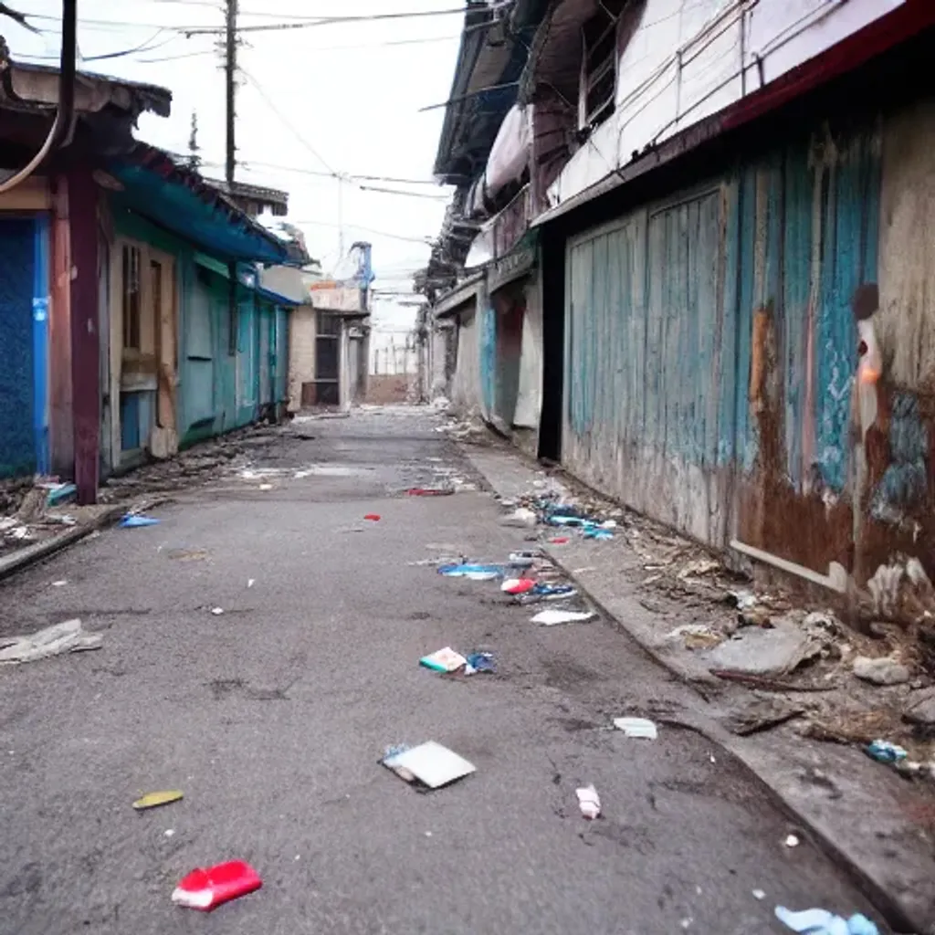 Prompt: abandoned korean street at night, creepy people standing, garbage on ground