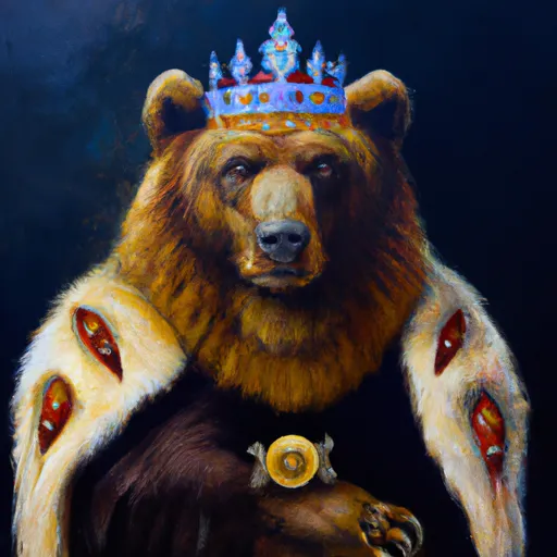 Prompt: An oil painting portrait of a kodiak bear wearing medieval royal robes and an ornate crown on a dark background