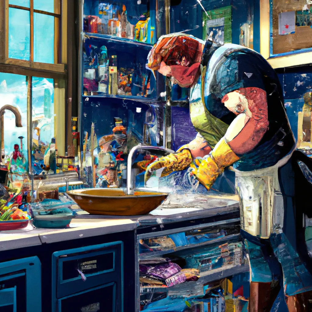 Prompt: The comic-book cover art of a superhero in his forties with slightly greying hair and a big belly, washing the dishes, by Brian Bolland, everyday messy kitchen scene backdrop, markers and ink, back-lit lighting, digital art, High Resolution, perfect composition, beautiful, detailed, intricate, trending on artstation, 8K, photorealistic concept art, soft natural volumetric cinematic perfect light, chiaroscuro, award-winning comic book art, masterpiece, artgerm, Dave Gibbons, Frank Miller, Steve Ditko, Osamu Tezuka, Jim Steranko, Will Eisner, Brian Bolland, John Romita Jr, Steve Dillon, Jack Kirby, Frank Frazetta, Wally Wood, Neal Adams, Jason Aaron, Brian Micheal Bendis, Bill Finger, Jerry Siegel, Stan Lee