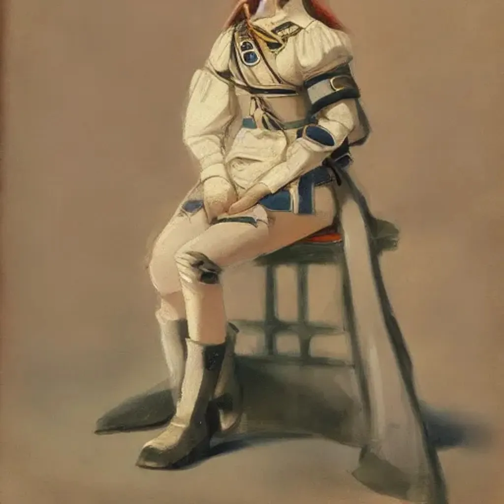 Prompt: character design, anime girl, nepoleanic war, napoleanic general painting, old painting, sitting, uniform, realistic