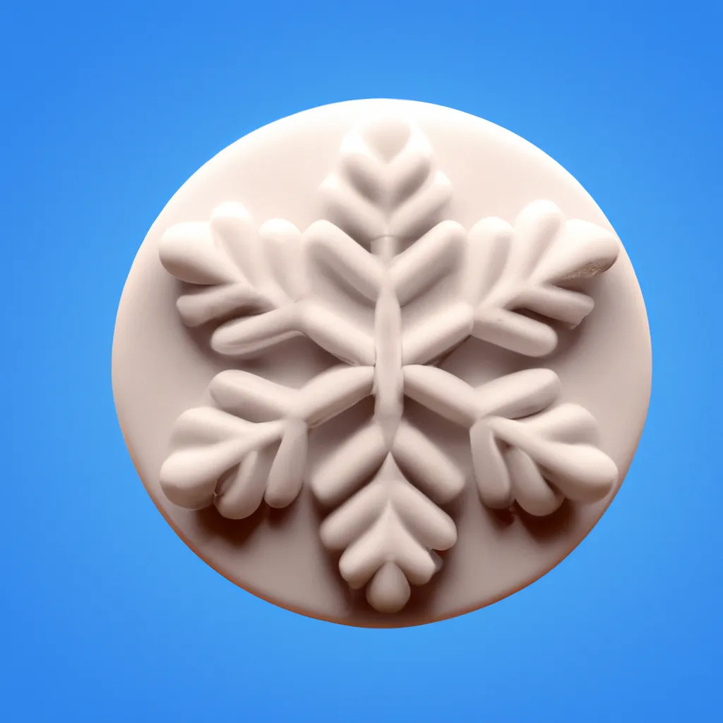 Prompt: 3D render of a cute white rounded snow flake in a clay style, frontal view, sky blue background, substance 3d painter, blender, smooth texture, warm lighting, high resolution, trending on behance.net, by Nintendo