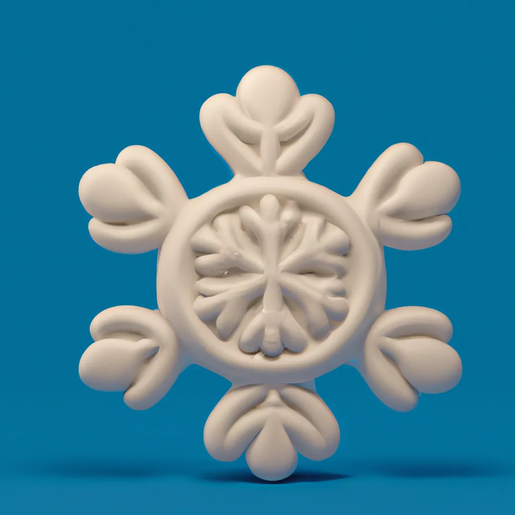 Prompt: 3D render of a cute white rounded snow flake in a clay style, frontal view, sky blue background, substance 3d painter, blender, smooth texture, warm lighting, high resolution, trending on behance.net, by Nintendo