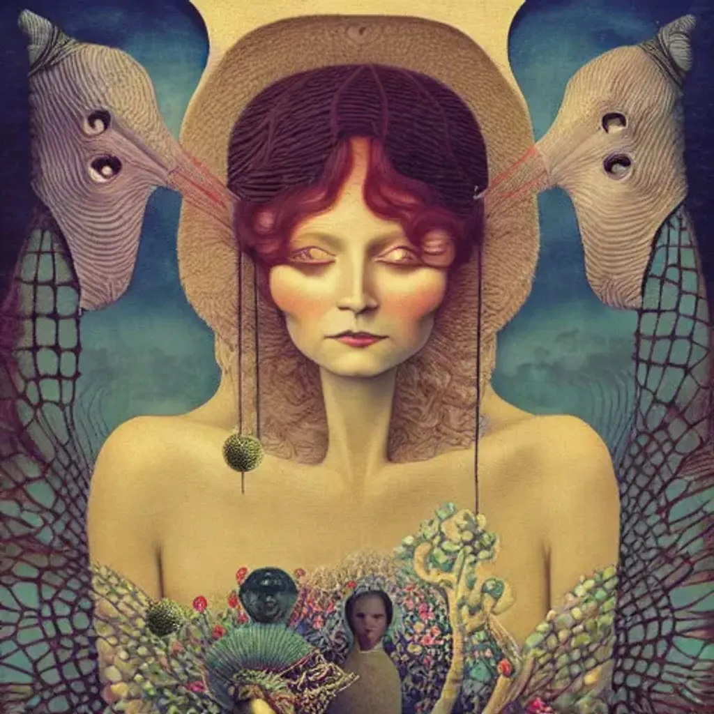 Prompt: Peruvian arpillera Oxana dobrovolska victo ngai henry rousseau Vladimir kush peregrine heathcoate catrin welz-stein Andrea kurti Andrea kowch 