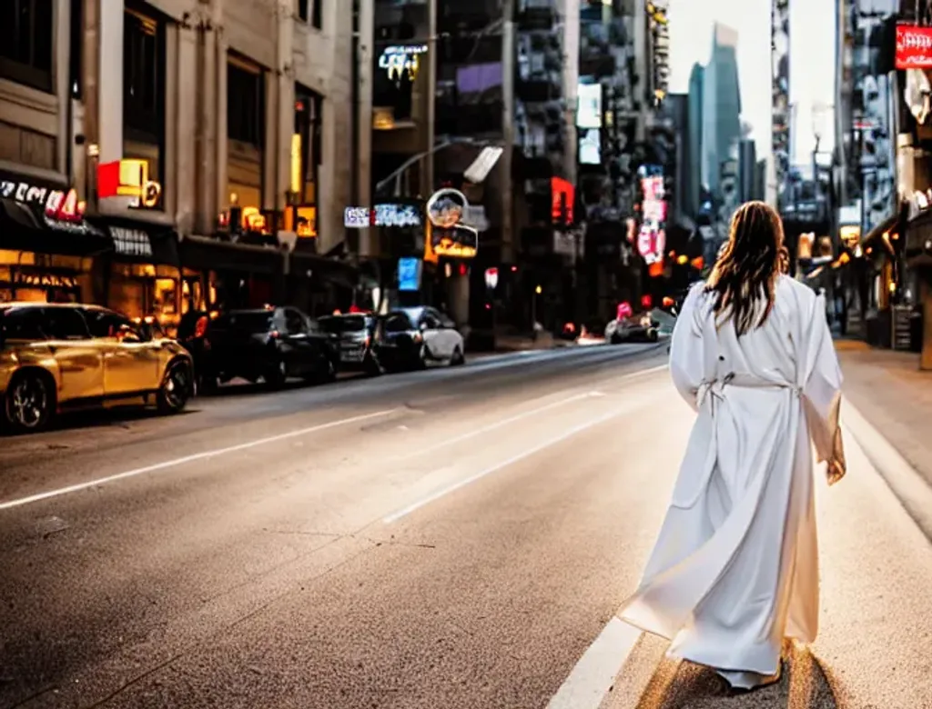 Prompt: Photo of Jesus Christ wearing traditional white robe, walking through crowded futuristic city, leather sandals, long brown hair, beautiful city,  long exposure city at evening photography,  full-color,  urban street photography,  synthwave,  cityscape,  hd photography,  digital art,  4k, High-tech, over-the-shoulder shot, golden hour, realistic face, beautiful, wide view, walking away from camera shot, photo realistic 