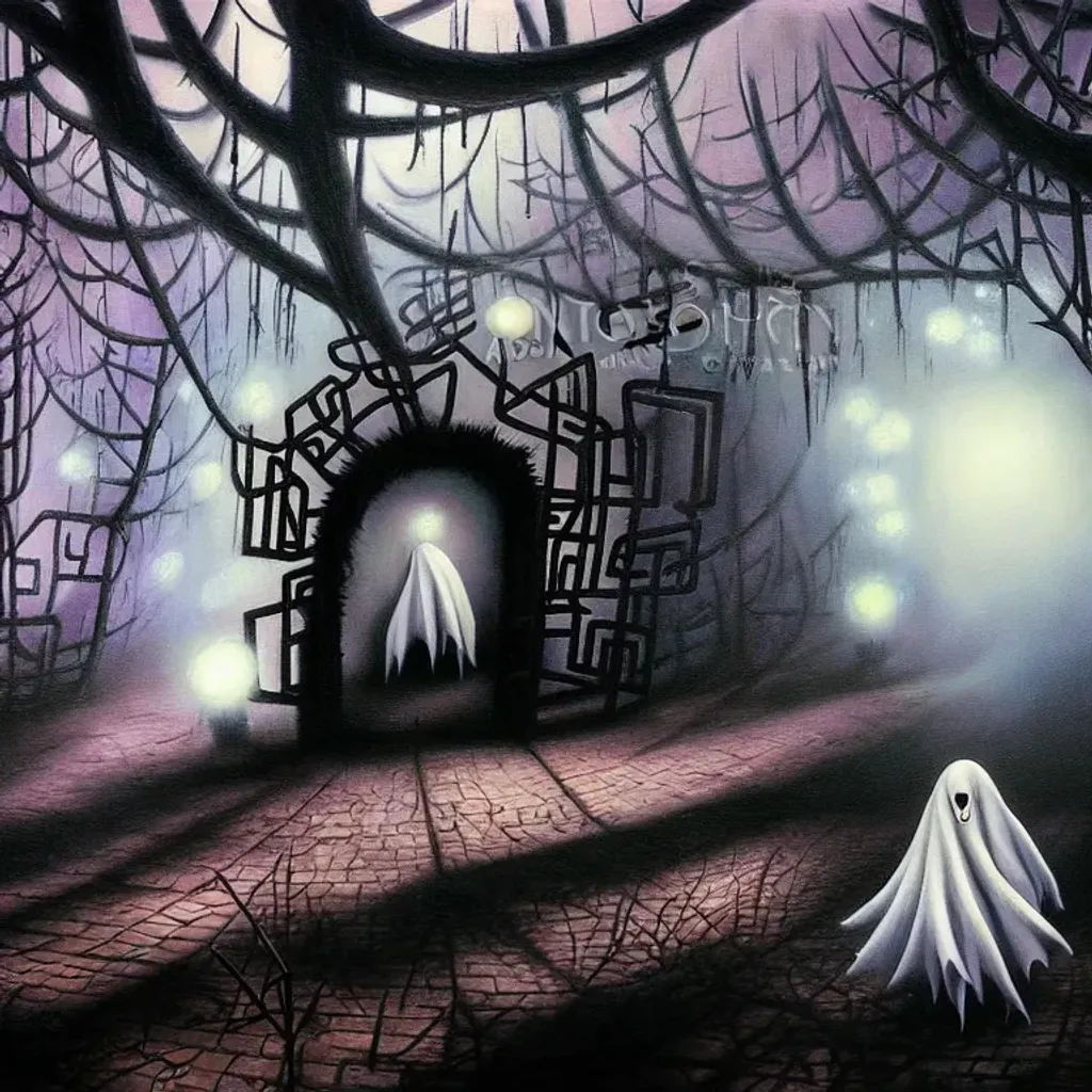 Prompt: An expressive surrealism oil painting of a ghost in a cosplay costume lost in a maze. 
spooky, foggy atmosphere. Scary. Haunted. Bokeh. Concept art. Highly detailed, expressive surrealistic oilpainting, colorful, digital art, digital airbrush, 8K.  Clear Detailed sharp Cartoon anime manga cover by Anna Dittmann, tim Burton, Gil Elvgren, Tom Bagshaw, Elsa Beskow, Hayao Miyazaki.