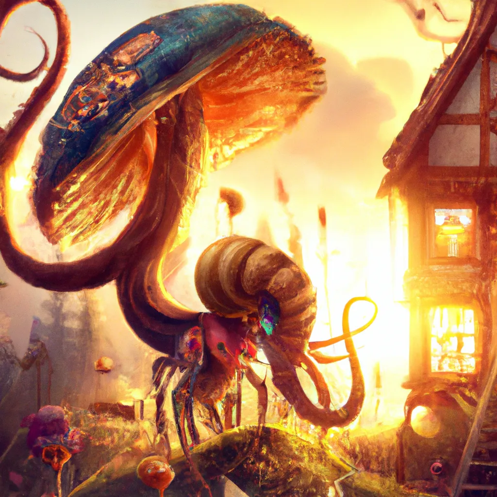 Prompt: Detailed intricate hyper realistic ultra realistic sharp clear digital airbrush by Anna Dittmann, Tom Bagshaw, Gil Elvgren. Portrait of a funky fairy spider mushroom monster house with horns in the style of Coraline. Impressive surrealism art nouveau steampunk gothic sci-fi fantasy synthwave. Commercial photography from children's book. Trending. Masterpiece. Dramatic backlighting. Sunset.