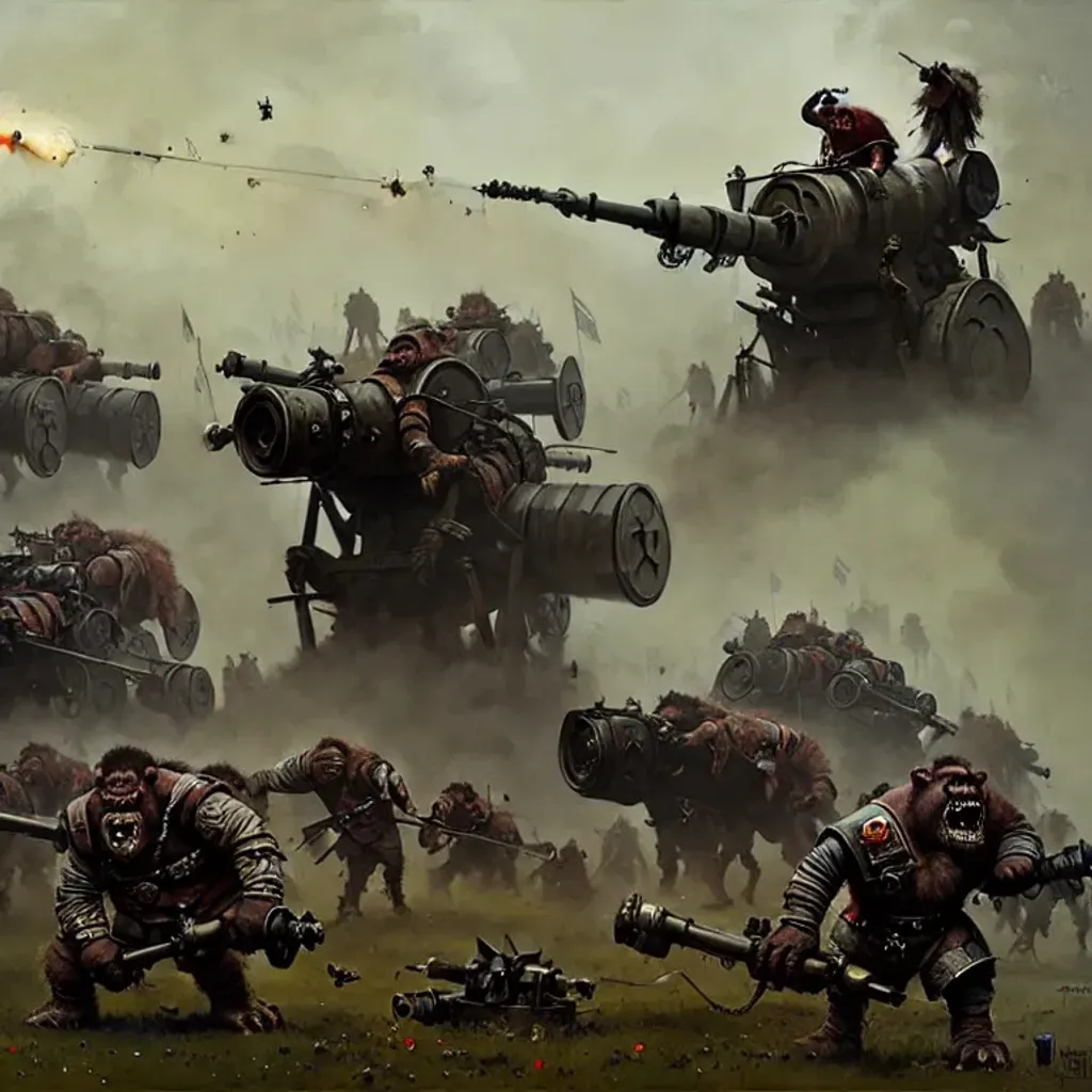 Prompt: orcs and trolls operating dieselpunk artillery, Bakhmut, Ukraine, 4k, digital art, concept art, art by Jakub Rozalski