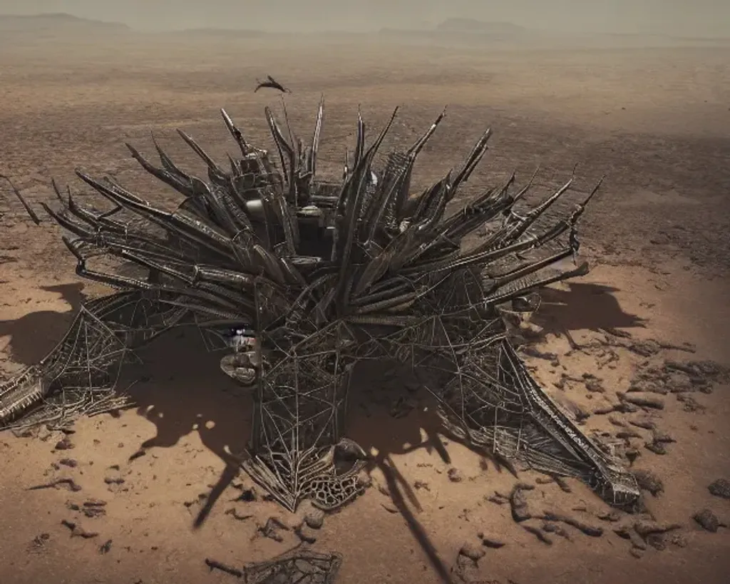 Prompt: gigantic metal alien like structure crashing in the nirvana desert, mysterious, bird shot wide shot, higly detailed, vultures flying, hd digital artwork, high contrast, very coherent, cinematic atmosphere, trending on r/DystopianPlaces, hyper real, 32k, octane render, unreal engine 5
