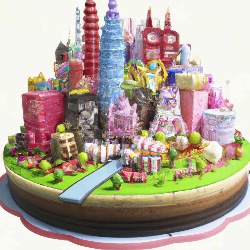 Prompt: A 3d micro world cake of beautiful candy city, rectangular, 