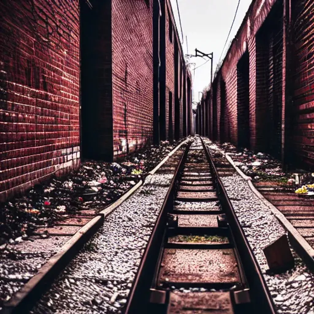 Prompt: abandoned railway in city alley, concrete ground with garbage, brick buildings, low light