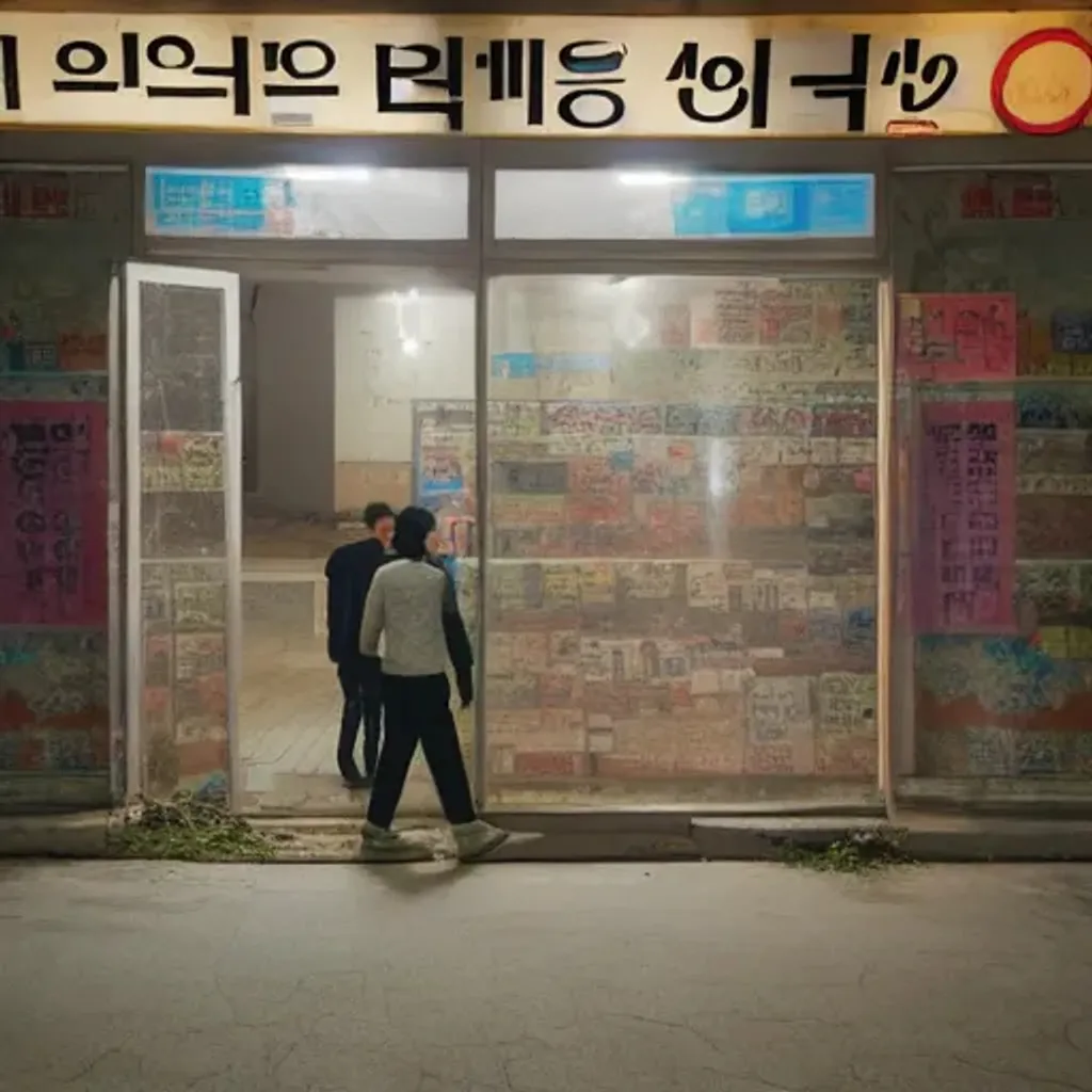 Prompt: abandoned store in south korea with people walking by, at night, liminal space