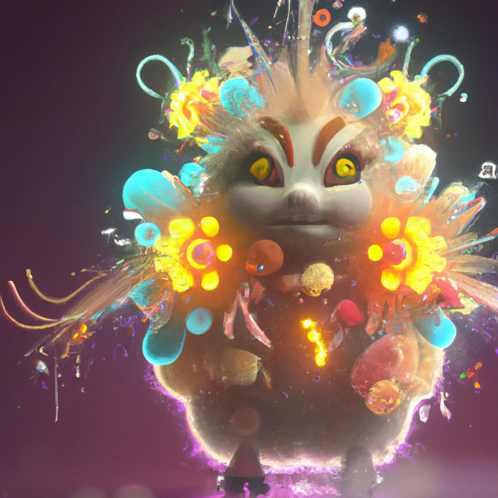 Prompt: Curvaceous Light bending cute furry monster  covered in halogenic Nuclear flowers in the style of Bruce Pennington, Dali, Munch, Escher, Klarwein, Yamamoto, Hattori, Leyendecker, Mullins | dark background | ultra sharp focus | 3d octane render artstation trending 8k unreal engine | Avatar movie| Disney Pixar Dreamworks 