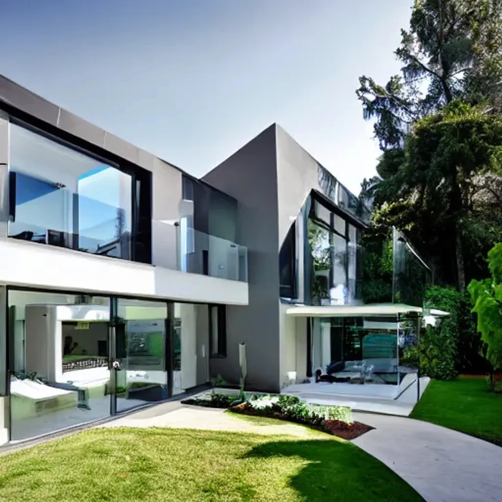 Prompt: light black and white modern house with glass paneled balcony fresh green garden ,view towards backyard with a big pool, aerial view

