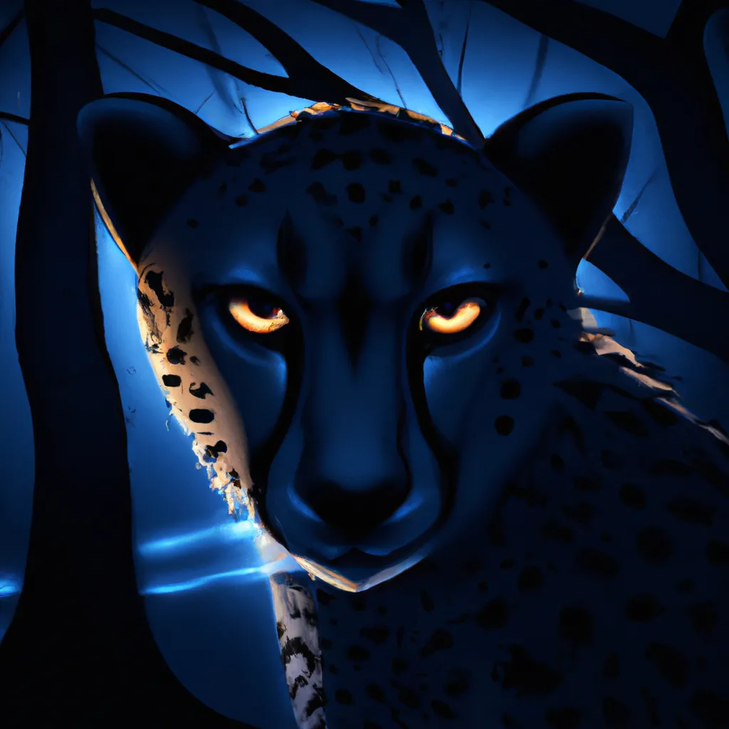 Prompt: a cheetah, glowing eyes, dark forest, night