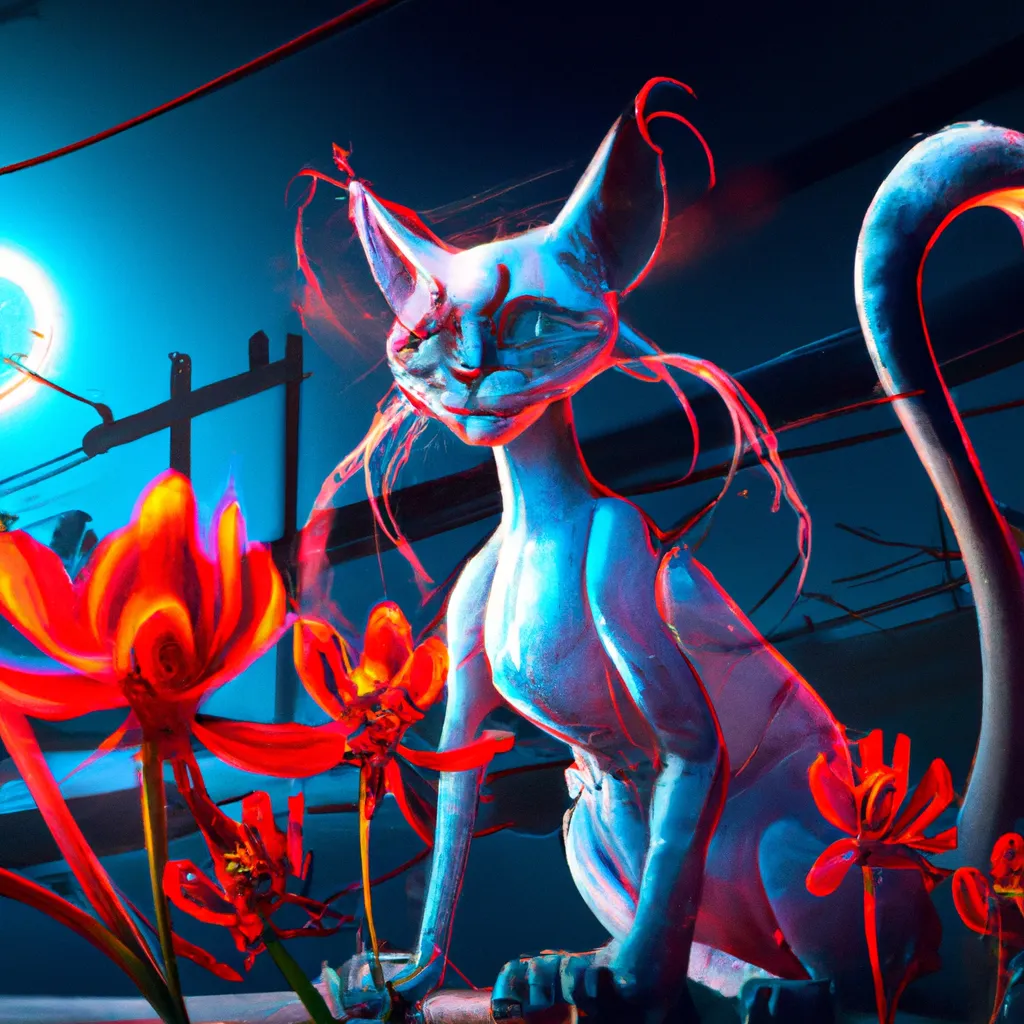 Prompt: masterpiece ultra realistic illustration of an Lovecraftian cat cyborg,red spider lilies, eclipse,dramatic,cinematic, ambient, unreal engine 5, cyberpunk, sci-fi fantasy. in the style of wlop, rossdraws, artstation trending.