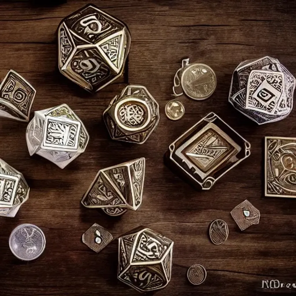 Prompt: intricate metallic dice, cards and coins. on an old wooden table. occult, photo 8k