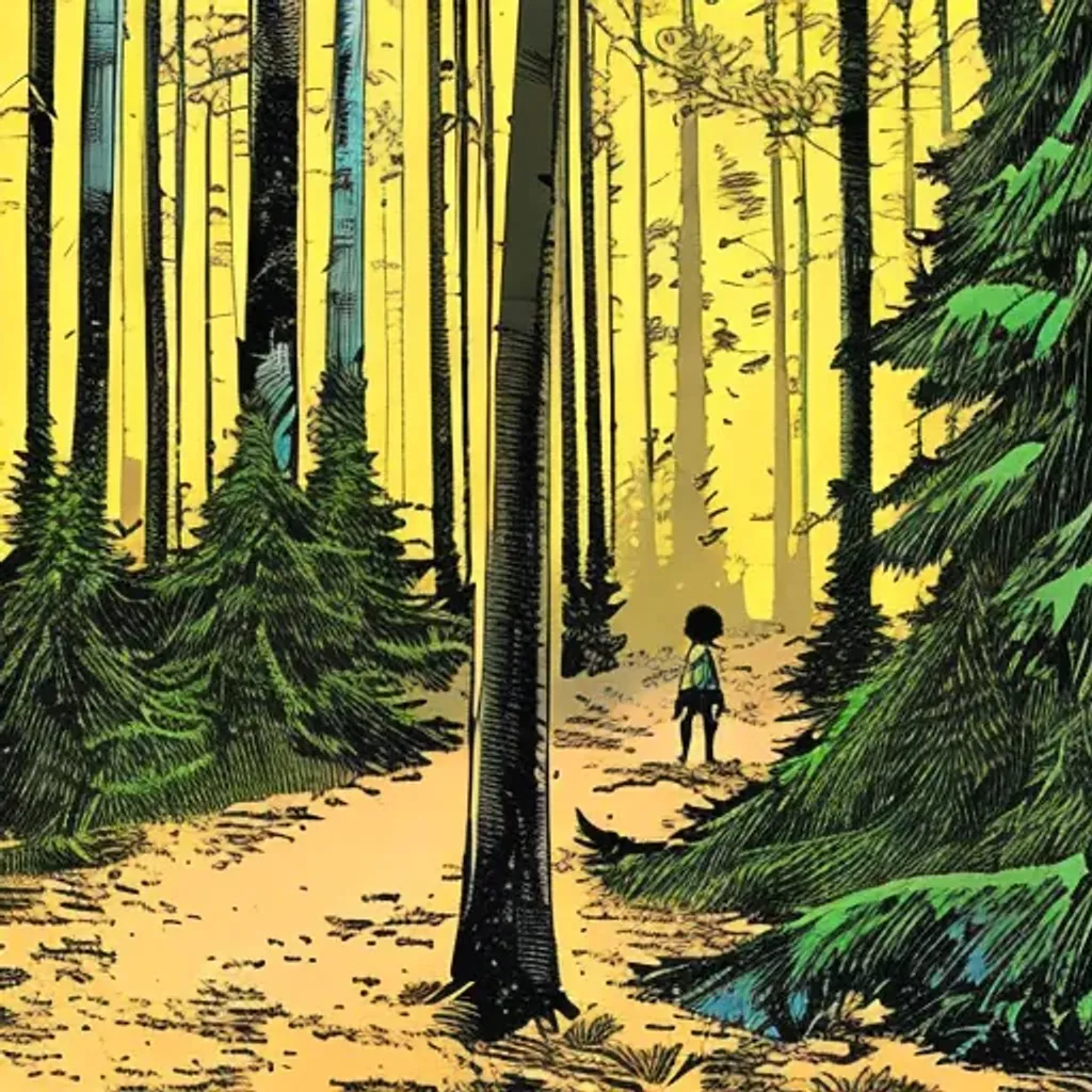 Prompt: {blond boy standing} in {a dark forest with tall trees}, comic style by {Neal Adams, Dave Gibbons, Wally Wood, Alex Maleev, Shawn Martianbrough, Yoji Shinkawa, Frank Frazetta, jean baptiste monge} hdr, hq, octane rende, 8K, high detailed, sharp focus, cross-hatching, ink marks, fine lines