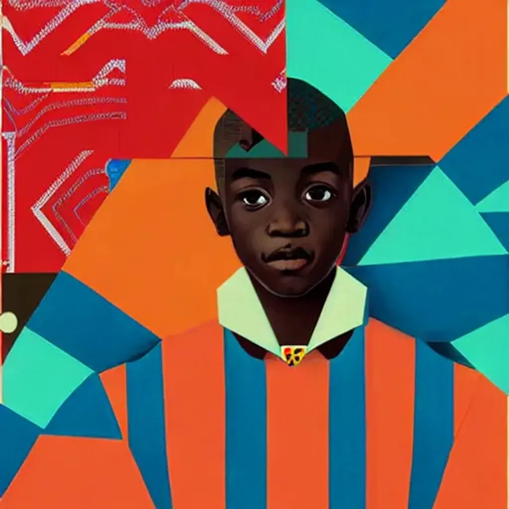 Prompt: colourful upper half portrait of an african boy - in japanese retro poster illustration style, magazine collage art by hsiao - ron cheng & alphonse mucha, magazine collage, highly detailed, digital painting, illustration, smooth, sharp focus, intricate, clustered, busy, pinterest, behance,