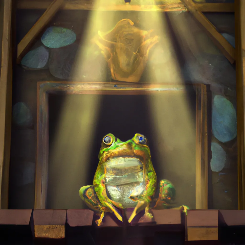 Prompt: Peaceful portrait painting of a Detailed Frog on a tavern, symmetrical, grotesque, loneliness, sun rays, centered, 