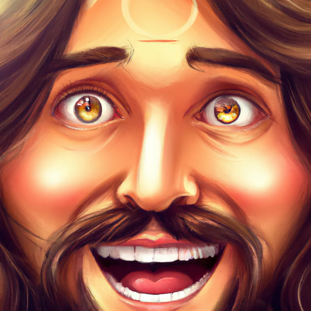 Prompt: Closeup full-face portrait of laughing Jesus Christ with long brown hair, smooth soft skin, big dreamy eyes, beautiful intricate colored hair, symmetrical, anime wide eyes, soft lighting, detailed face, by makoto shinkai, stanley artgerm lau, wlop, rossdraws, concept art, digital painting, looking into camera