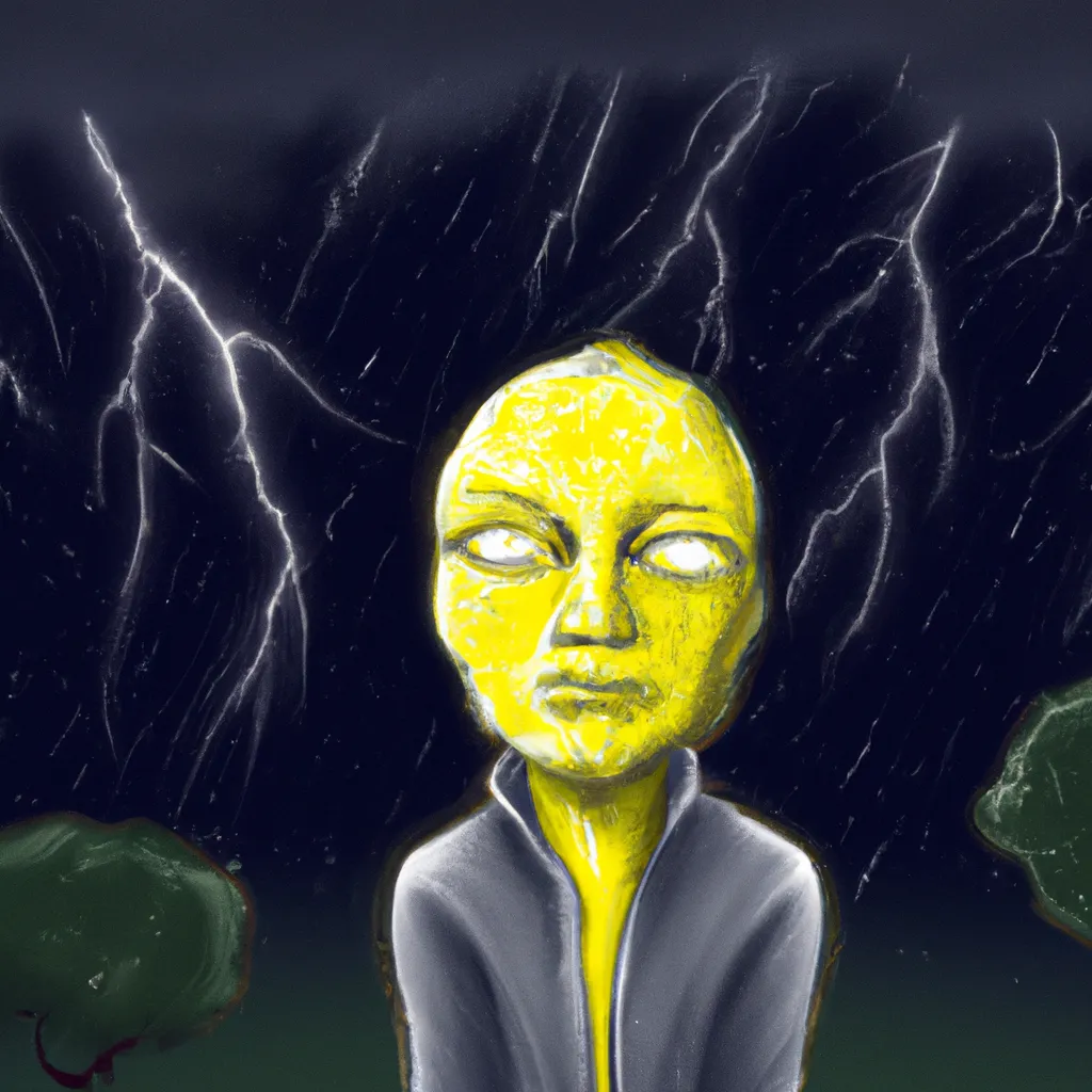 Prompt: the most enigmatic lemon person ever, 8k, intricate, very detailed, darkness, lightnings from the dark sky behind him