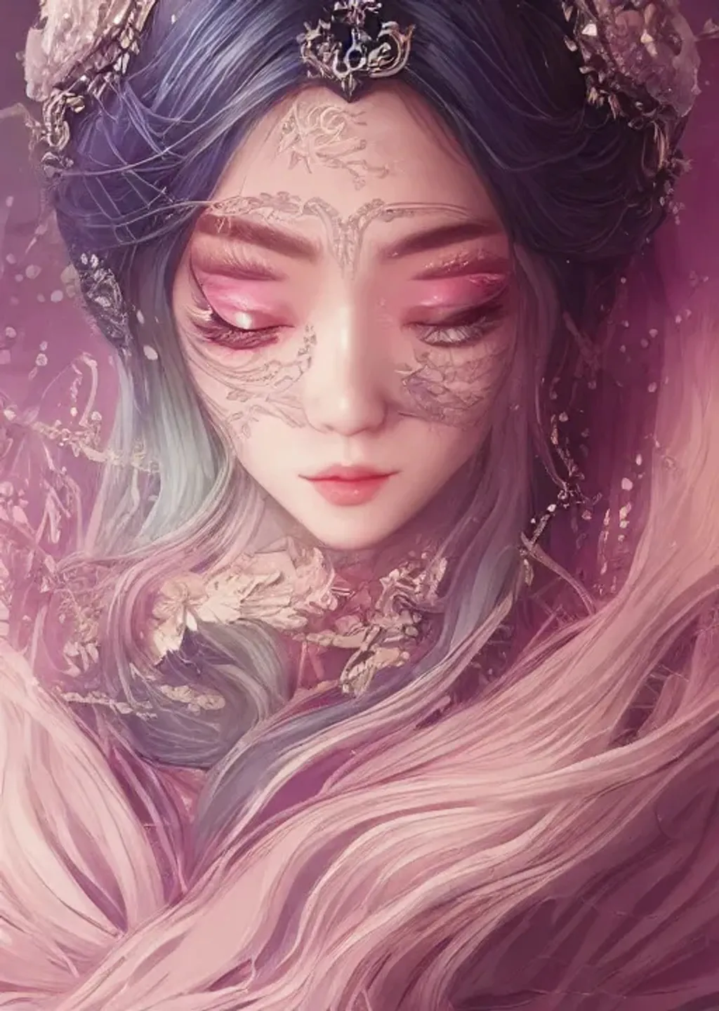 Prompt: matte portrait of pretty ethereal moon goddess wearing {kebaya and hanfu hybrid) costume, pastel balayage hair, bored face, happy summer vibe, lush detail, dramatic lighting, intricate, fine details, ornate, filigree, trending on artstation, artgerm, Kyoung Hwan Kim, League of Legends, Lord of the Rings