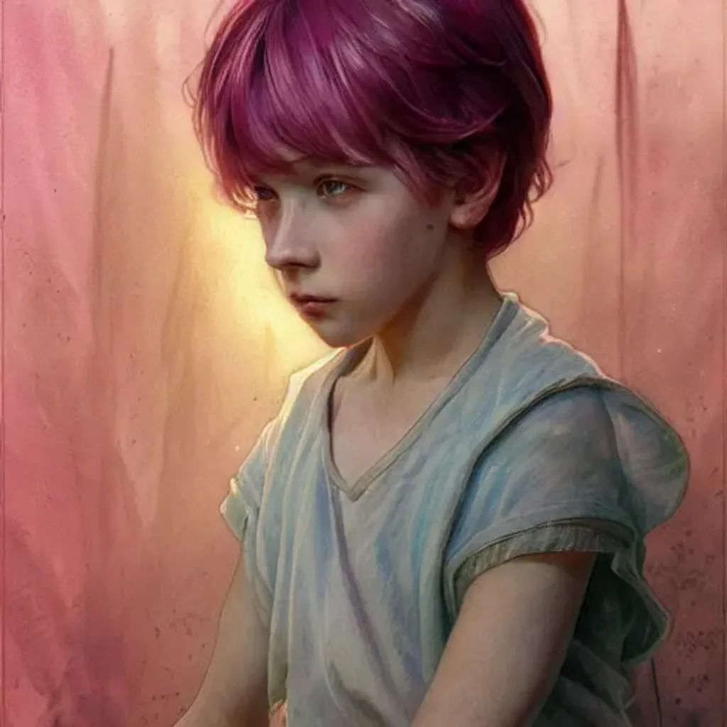 Prompt: young boy, pink hair, light eyes, gorgeous, amazing, delicate, elegant, intricate, highly detailed, watercolor, portrait, artstation, concept art, sharp focus, illustration, art by artherm and greg rutkowski and alphonse mucha