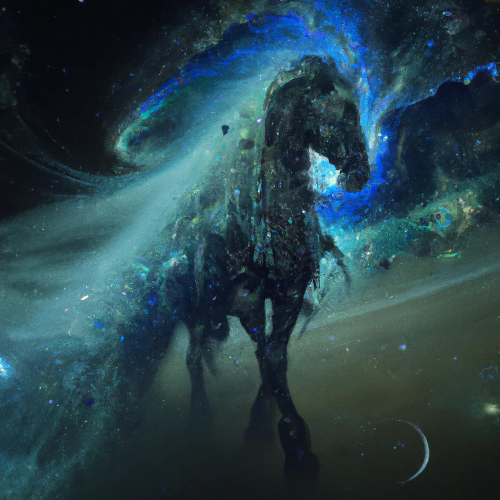 Prompt: Shiva’s Space horse steampunk, Starry Cloak, Nebula Hair In Endless Void, Astral Currents, Cosmic Waves | 8K, Hdr, Fantasy, extreme details, high resolution, Sharp focus, space horse, Dn, Naoto Hattori, Zdzislaw Beksinski