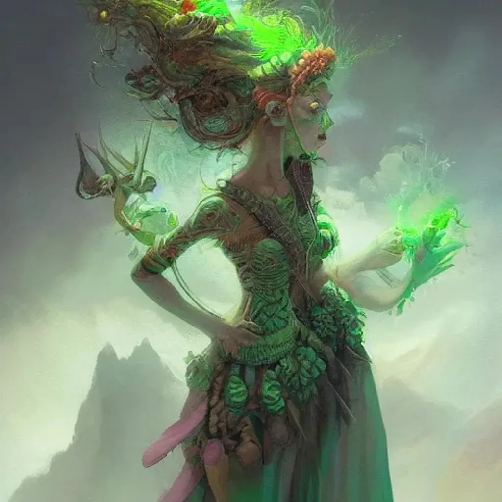 Prompt: a very strange highly detailed Green Woman Knitting Together the Road to Peace and Chaos, by peter mohrbacher, fantasy concept art, trending on Artstation