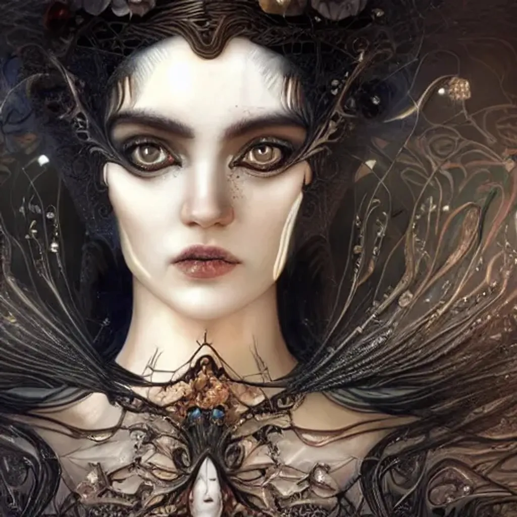 Prompt: pale black haired woman, wearing baroque dress , fantasy, hyper-detailed, accurate anatomy, symmetrical facial features, sharp focus, volumetric lighting,  karol bak, yoshitaka amano, tom bagshaw, zbrush cel-shaded, cgsociety , ethereal beautiful astral  storybook illustration, elf , gothic, dark, twinkling 