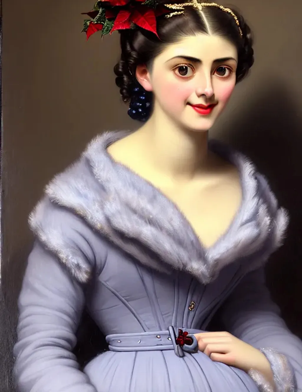Prompt: young woman, attractive, elegant, confident, optimistic, smiling, indigo pine red fulvous silver photorealistic beautiful big eyes, heavenly look, highly detailed modern Christmas style clothing, fine skin details ((centered composition)) by Theodor von Holst, Edwin Landseer, Winter, snowflakes, poinsettia,  Vintage photograph, portrait painting, global illumination, occlusion, volumetric lighting, volumetric mist, sharp focus, 128K UHD Poser, octane 