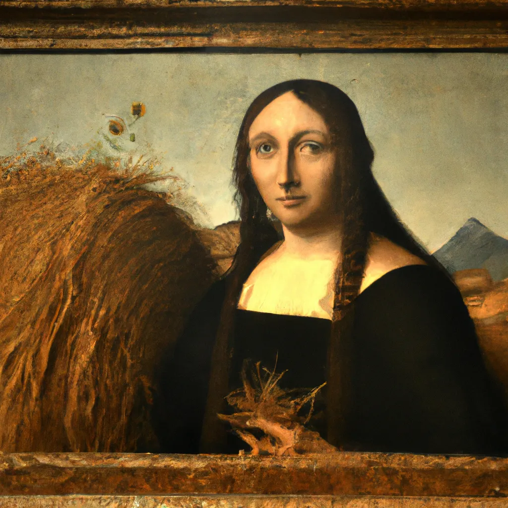 Prompt: The Mona Lisa with buschels of hay by Leonardo da Vinci