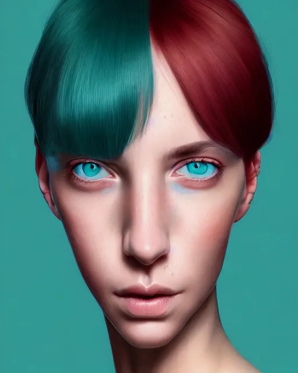 Prompt: portrait, beautiful woman with red-colored eyes, teal hair, clothed, facial symmetry, perfect eyes, centered, gradient background, perfect composition, hyperrealistic, photorealism, super detailed, 32k, high quality, trending on artstation, sharp focus, studio lighting, intricate details, hyperdetailed photography by greg rutkowski, dino tomic