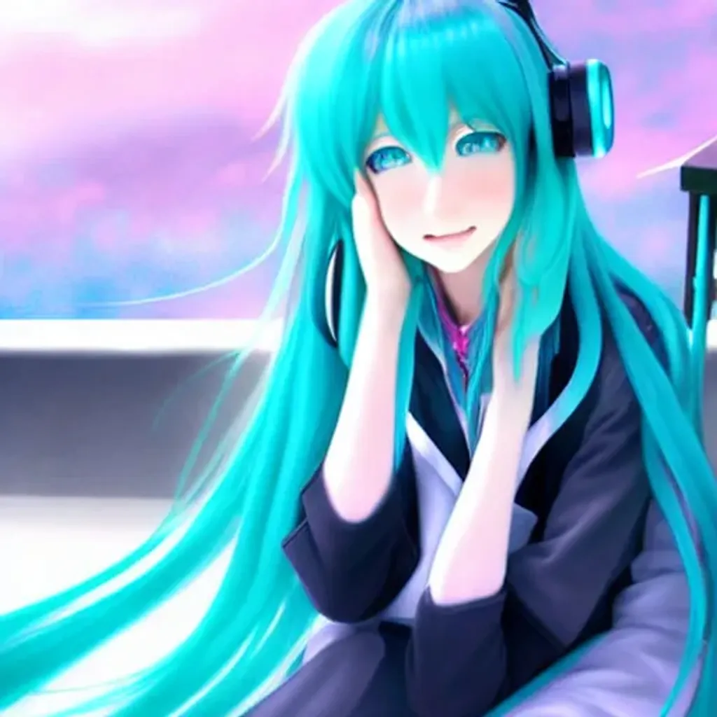Prompt: Hatsune miku sitting down in a chair while being in a terrace in a cold landscape, realistic, hyperdetailed, digital art, fog
