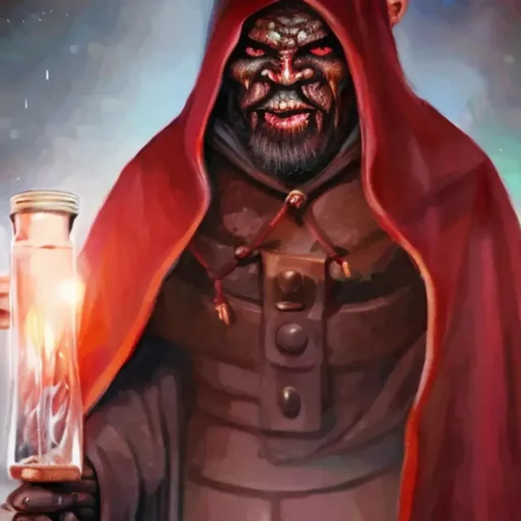 Prompt: An orc with very dark green skin wearing a hooded cloak holding a science flask. He has a pocked face and very short beard, and is in a dark cave. Detailed face. Green skin